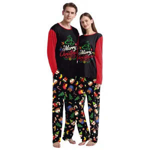 Matching Christmas pajama set for couples featuring Merry Christmas print and festive icons