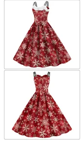 Front and back detail of A-line Christmas dress with snowflake print and faux fur trim