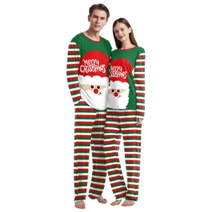 Christmas couple pajama set with Santa print and striped pants in festive colors