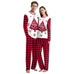 Christmas couple pajamas set with red plaid pants and long sleeve Merry Christmas tops