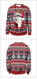 Front and back detail of a Christmas sweatshirt with digital husky dog print