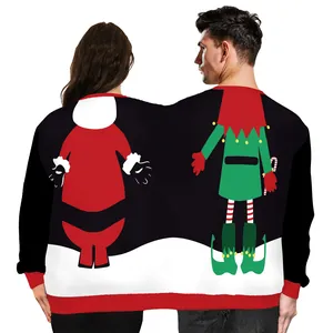 Christmas themed two-person double sweater with festive cartoon Santa and elf back print