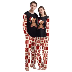 Christmas couple pajamas set with black cartoon bear tops and red plaid trousers