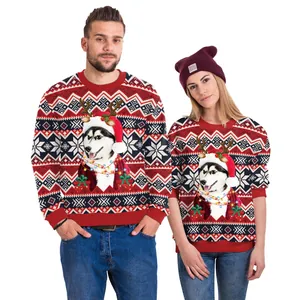 Christmas husky knit sweater with Nordic snowflake patterns for couples in red and navy