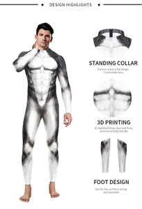 Macro detail of high-elastic 3D husky print bodysuit showing muscle textures and foot design