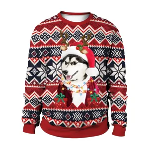 Christmas sweatshirt with husky print and festive fair isle pattern in red and blue
