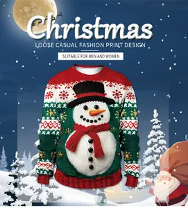 Detailopname van het sneeuwmanpatroon op het 3D-geprinte kerstsweatshirt met geribbelde hals