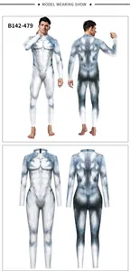 Front and back view of realistic wolf fur print jumpsuit with invisible back zipper