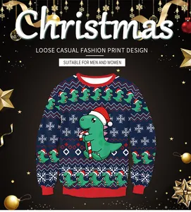 Navy Christmas sweatshirt featuring cartoon dinosaur print and red ribbed knit trims