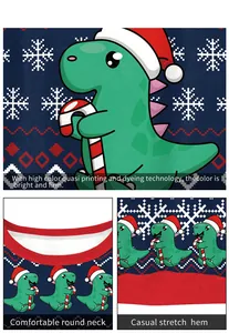Detail of Christmas hoodie showing cartoon dragon print and durable ribbed cuffs