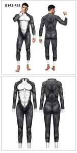 Front and back view of men's gorilla digital print jumpsuit showing muscle details