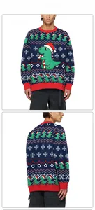 Front and back view of a dark blue Christmas sweater featuring a cartoon dinosaur print