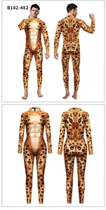 Detail of leopard print jumpsuit with realistic muscle textures and back zipper