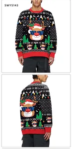 Front and back view of a Christmas sweater with cartoon reindeer and festive patterns