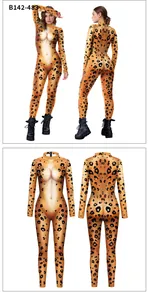 Detail of leopard print jumpsuit featuring 3D body simulation pattern and high neck