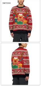 Detail of red Christmas sweater featuring cartoon reindeer print and Nordic snowflake pattern