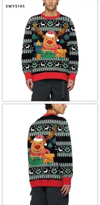 Detail of Christmas hoodie showing cartoon reindeer print and red ribbed cuffs and hem