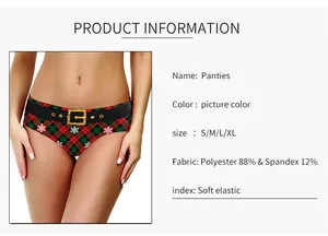 Detail of Christmas plaid panties showing the 88% polyester fabric and snowflake pattern