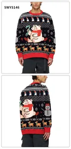 Detailed views of a black Christmas knit sweater with penguins and reindeer patterns