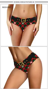 Front and side view of women's Christmas panties featuring red-green plaid and snowflake print