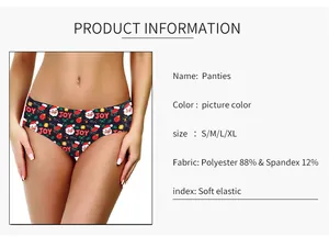 Detail view of women's Christmas panties showing festive Santa print and fabric specs