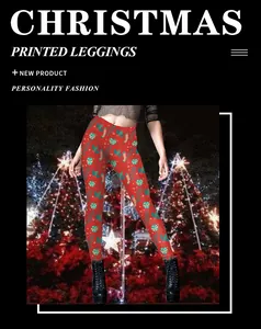 Close-up of Christmas leggings with red reindeer and sock prints on festive background