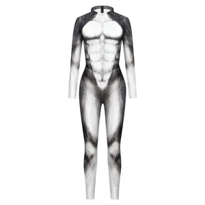 Realistic wolf fur and muscle print long sleeve bodysuit for men animal cosplay