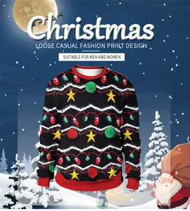 Detail of Christmas sweatshirt with 3D colorful bulbs, pom-poms, and red ribbed edges
