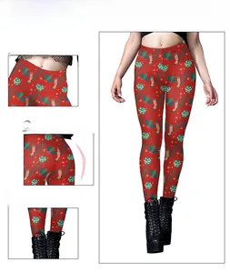 Detail of high waist Christmas leggings with reindeer, socks, and holly berry patterns