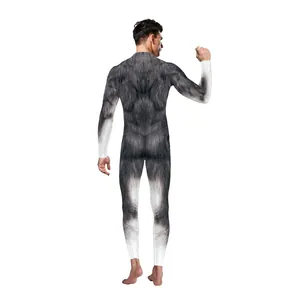 Realistic wolf fur print men's full body jumpsuit with back zipper for cosplay