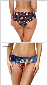 Detailed views of Christmas themed panties with Santa and snowman prints for women