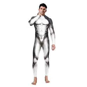 Men's muscle and fur print bodysuit for cosplay with long sleeves and high neck