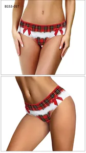 Detail view of Christmas panties with red plaid print and white faux fur trim decoration