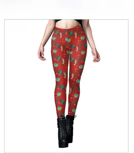 Detailed view of Christmas printed leggings B416-1123 with reindeer and holly berry patterns