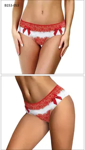 Detailansicht der Damen Weihnachtsunterwäsche mit Elchprint und roter Spitzenschleife
