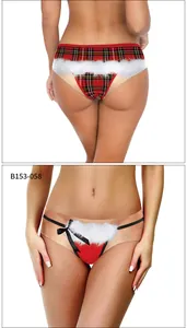 Front and back view of Christmas panties with red plaid print and white fur trim