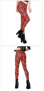Detailed views of red Christmas leggings featuring festive reindeer and snowflake prints