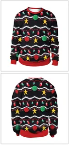 Detail of Christmas sweatshirt featuring 3D bells, lights print and fuzzy pom-poms