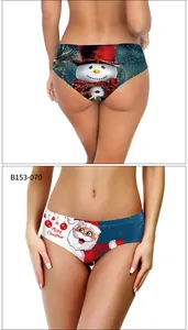 Detail view of women's Christmas panties with snowman and Santa Claus digital print