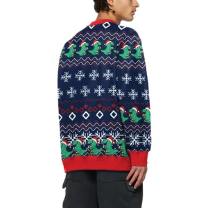 Christmas sweater with cartoon dinosaur and snowflake prints in navy and red knit