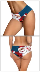 Detail showing cartoon Santa Claus and Merry Christmas print on festive navy blue briefs