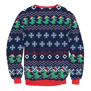 Dark blue Christmas sweatshirt with cute green dinosaur print and festive snowflakes