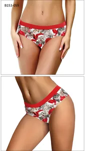 Detailed view of festive low-waist panties featuring cat prints and Christmas hats