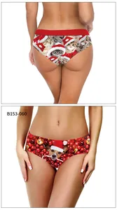 Detail of Christmas panty set showing cat and dog holiday prints with festive patterns