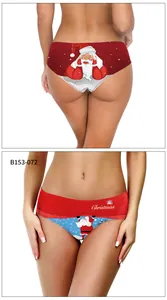 Close-up of women's Christmas panties featuring festive Santa Claus prints and slogans