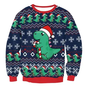 Christmas dinosaur sweatshirt in dark blue with festive red ribbed collar and cuffs