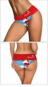 Close-up of women's Christmas bikini briefs with Santa Claus print and elastic waistband