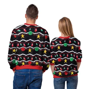 Matching Christmas crewneck sweaters with 3D bells and star prints in black and red
