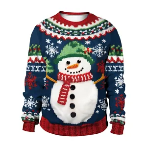 Kerst sweatshirt in marineblauw met 3D sneeuwman en feestelijke sneeuwvlok patronen