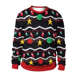 3D digital Christmas bell and light bulb print sweatshirt with festive pom poms